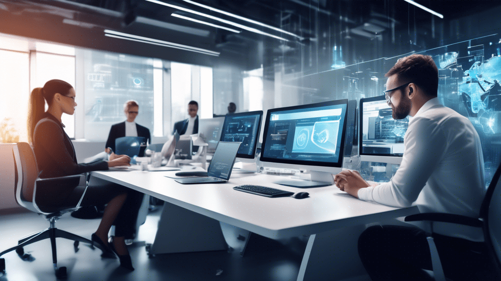 Create an image showcasing a modern office environment where business processes are being automated. Highlight scenes of diverse professionals interacting with advanced technology, including AI-powere