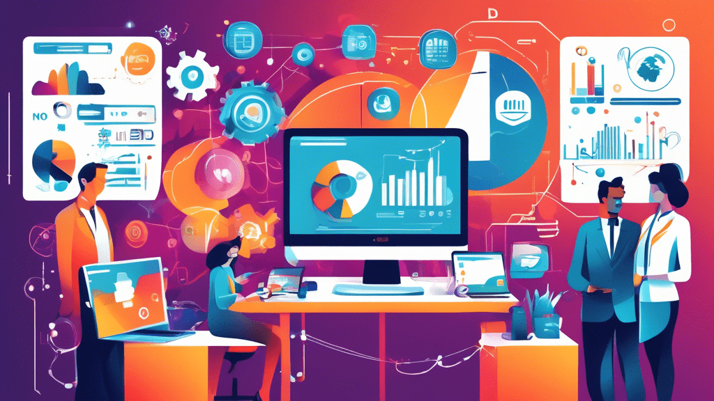 Create an illustration depicting a modern office environment where a team of marketers is using advanced technology to automate a marketing campaign. Highlight elements like computers with graphs and