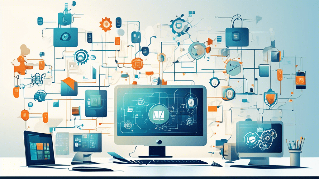 Create an image depicting a modern office setting with various high-tech devices such as computers, tablets, and smartphones seamlessly connected. Incorporate visual elements like smooth-flowing arrow