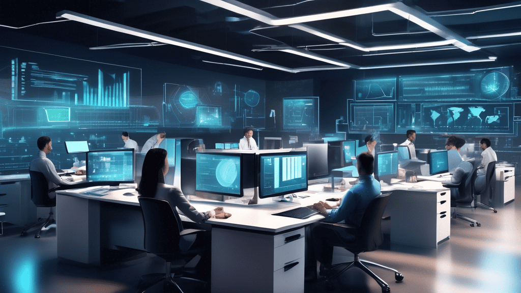 Create an image depicting a modern office setting where employees are efficiently working on their computers. On their screens, there are highly organized charts, graphs, and automated reports. In the
