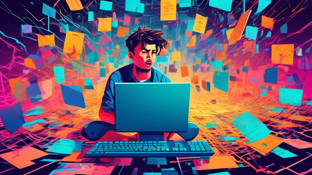 Prompt: A frustrated person sitting at a computer with error messages and codes, including 0x80004005, floating around them in a chaotic digital landscape, with a sense of confusion and urgency to sol