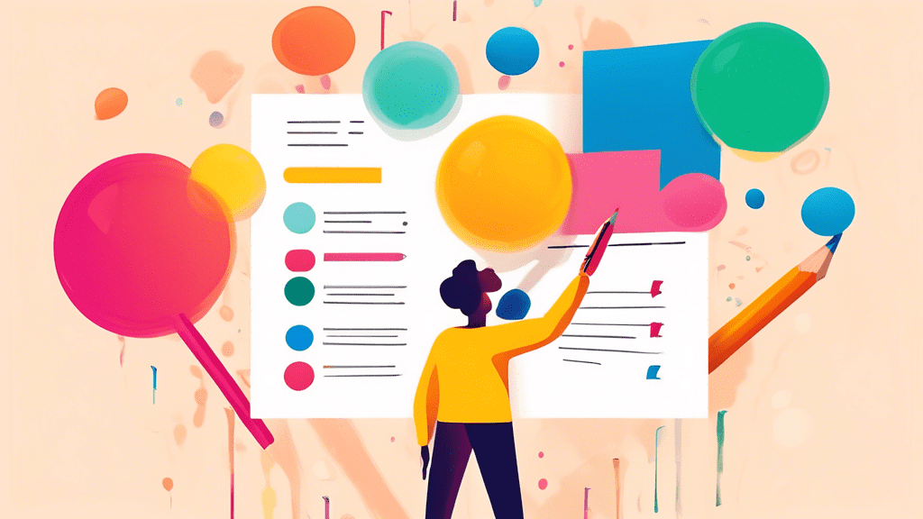 A person holding a giant pencil hovering over a large, colorful survey form with multiple choice bubbles.