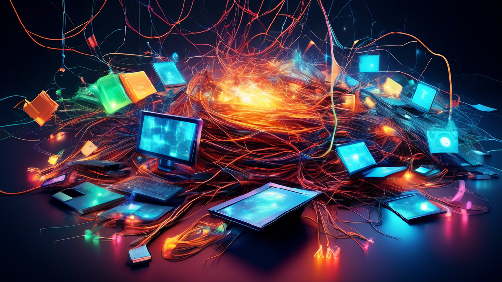 A chaotic mess of tangled computer wires and cables with glowing digital icons and files emerging and floating above