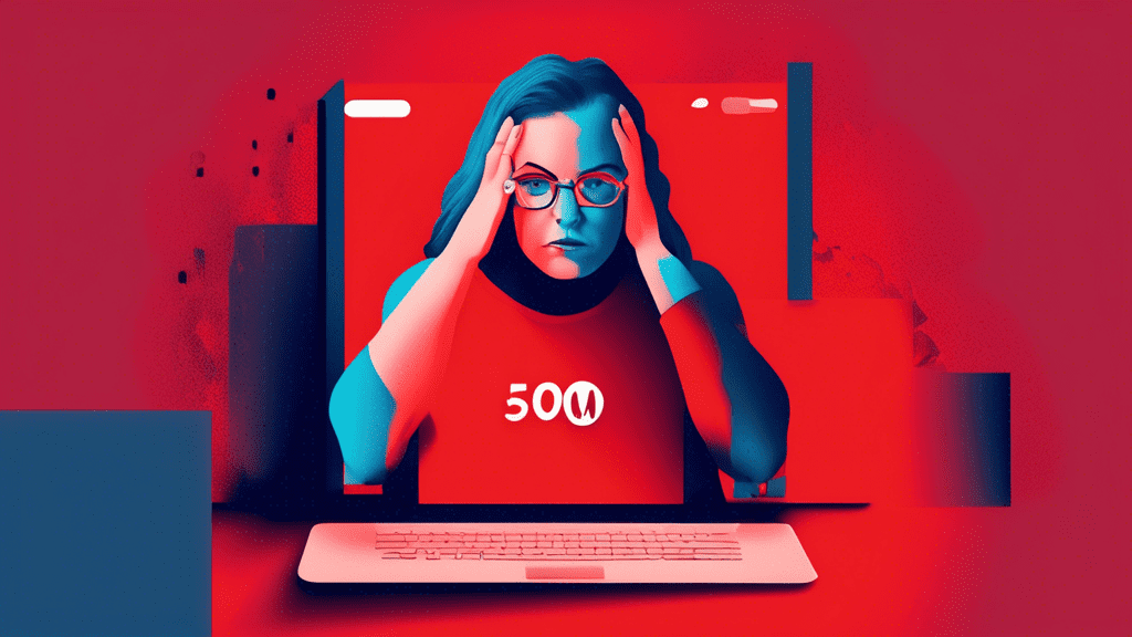 DALL-E Prompt: A visibly frustrated person sitting in front of a computer screen displaying the error message Temporary Error 500 on a Gmail login page, with a large red X symbol overlaid on the scree