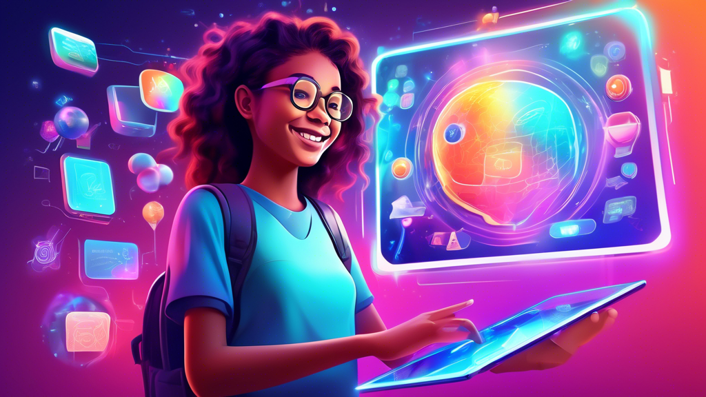 A student smiling while using a futuristic, holographic tablet with educational apps floating around them.
