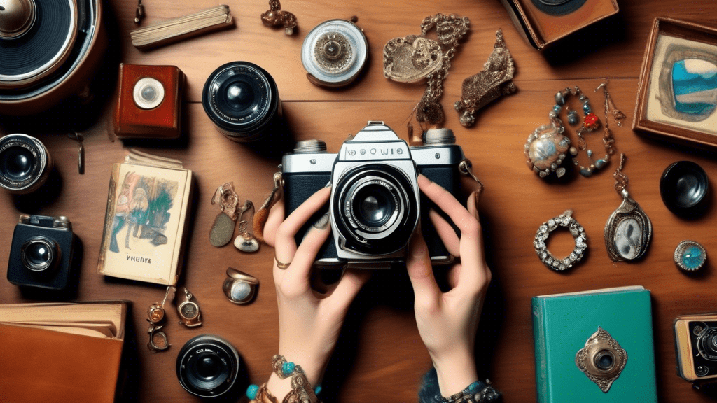 A photograph of a person's hands holding a vintage camera, with various other pre-owned items like books, vinyl records, and antique jewelry artfully arranged on a wooden table in the background, conv