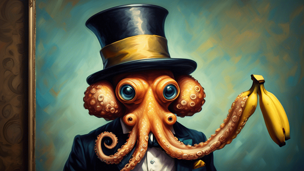A sophisticatedly dressed octopus wearing a monocle, top hat, and bow tie, painting a realistic portrait of a banana on a canvas with a paintbrush.