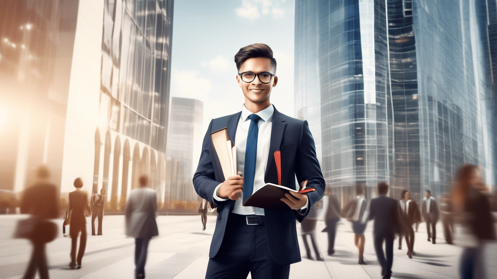 Create an image that visually represents the concept of The Benefits of Pursuing an LLM in Corporate Law. The scene features a confident young professional, holding a diploma, standing in front of a m