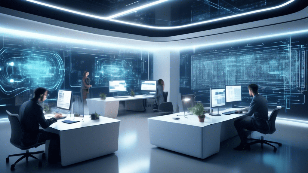 A futuristic office environment where professionals are collaborating with a high-tech AI assistant. The AI, represented by bright, flowing lines of code, is seamlessly producing text, analyzing data,