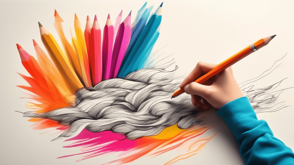 A hand sketching with a grey pencil, leaving behind a trail of vibrant color on the paper.