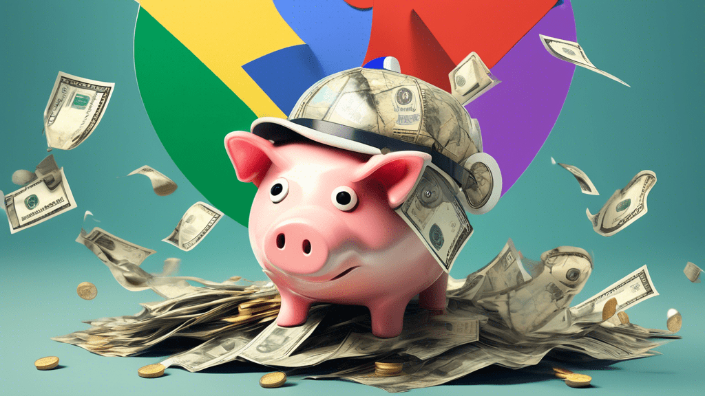 A piggy bank wearing a Google Maps location pin hat, with money coming out of its cracked head, superimposed on a phone displaying a Google Business profile.