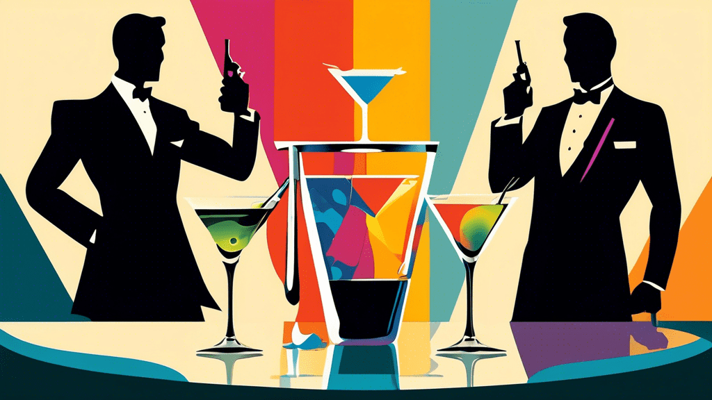 A colorful illustration of two martini glasses side by side, one with a shaken martini and the other with a stirred martini. The background is split diagonally, with one half depicting James Bond's si