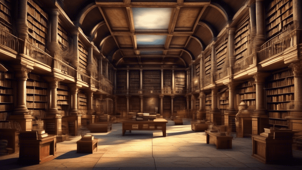 Create an image of an ancient library with scrolls and books, transitioning into a modern digital library with servers and computer screens, illustrating the evolution from traditional text to advance