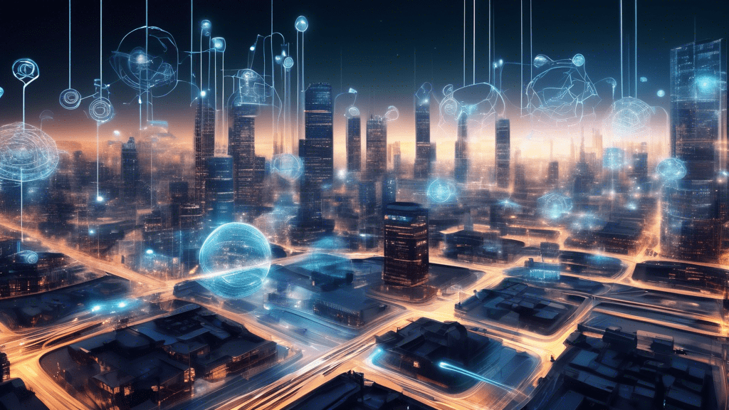 Create an image that visually represents the impact of Large Language Models (LLMs) on technology. Show a futuristic cityscape where various forms of advanced technology, such as smart robots, automat