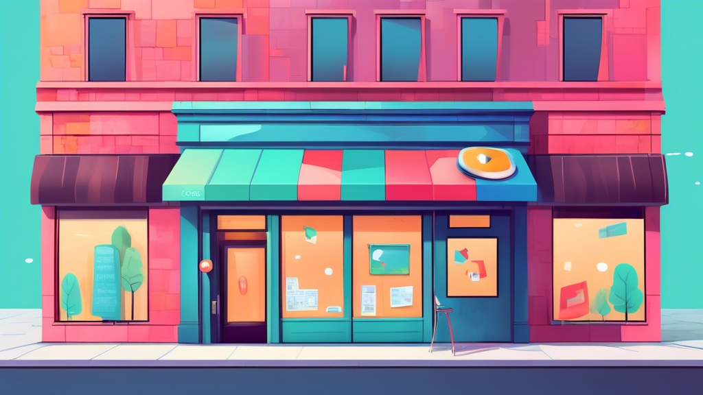 A storefront with a magnifying glass hovering over it and a Google Maps pin sticking out of the roof.