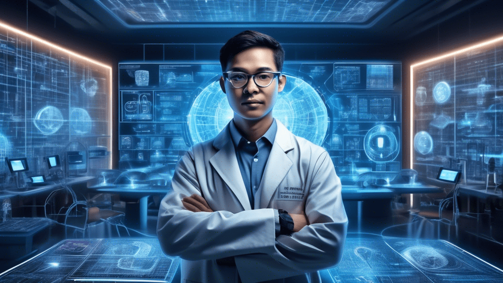 A detailed portrait of a computer scientist in a futuristic lab, surrounded by holographic displays and books in various languages. The scientist holds a model of a neural network in one hand and a gl