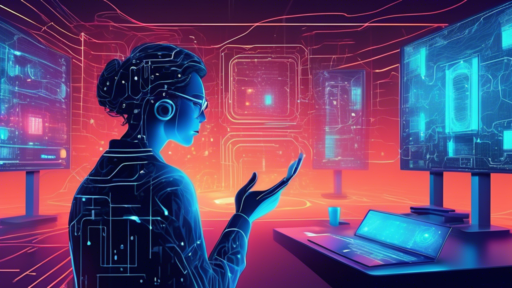 Create a digital illustration that visually represents an advanced AI system at work. Show a futuristic data center with glowing servers processing vast amounts of data. In the foreground, depict a pe
