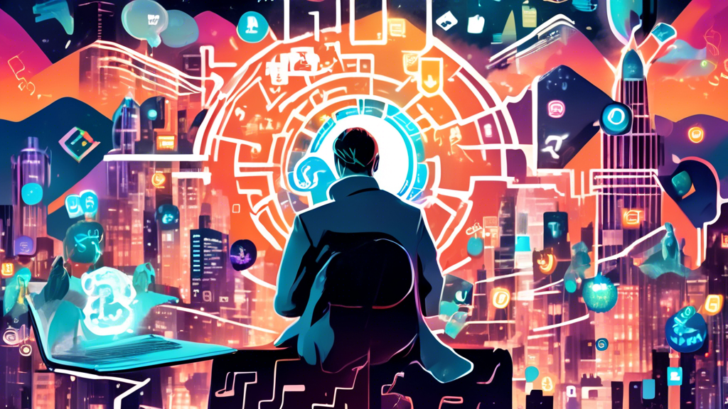 A digital art portrait of Frank Kern as a larger-than-life, mythical figure with a glowing aura, holding a laptop in one hand and a marketing strategy playbook in the other, standing atop a mountain o