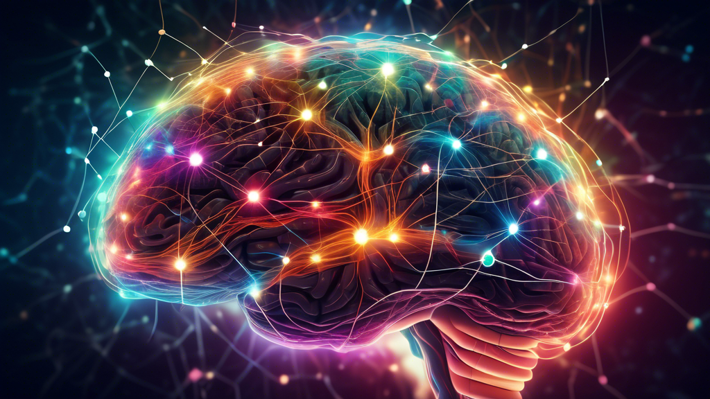 A glowing brain with interconnected nodes and data visualizations swirling around it, representing powerful insights and decision-making.
