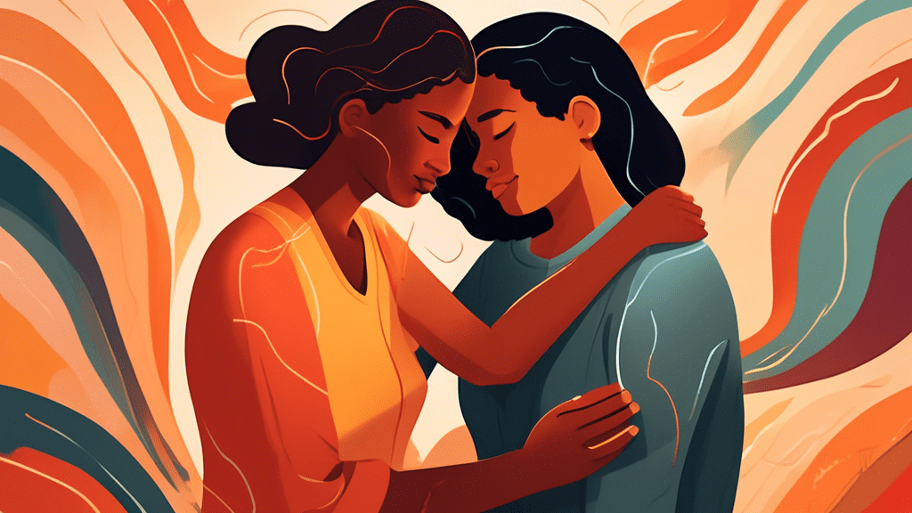 An illustration depicting two diverse people sharing a heartfelt apology, with expressive body language and warm facial expressions. Surround them with soft, warm lighting, symbolizing the power of fo