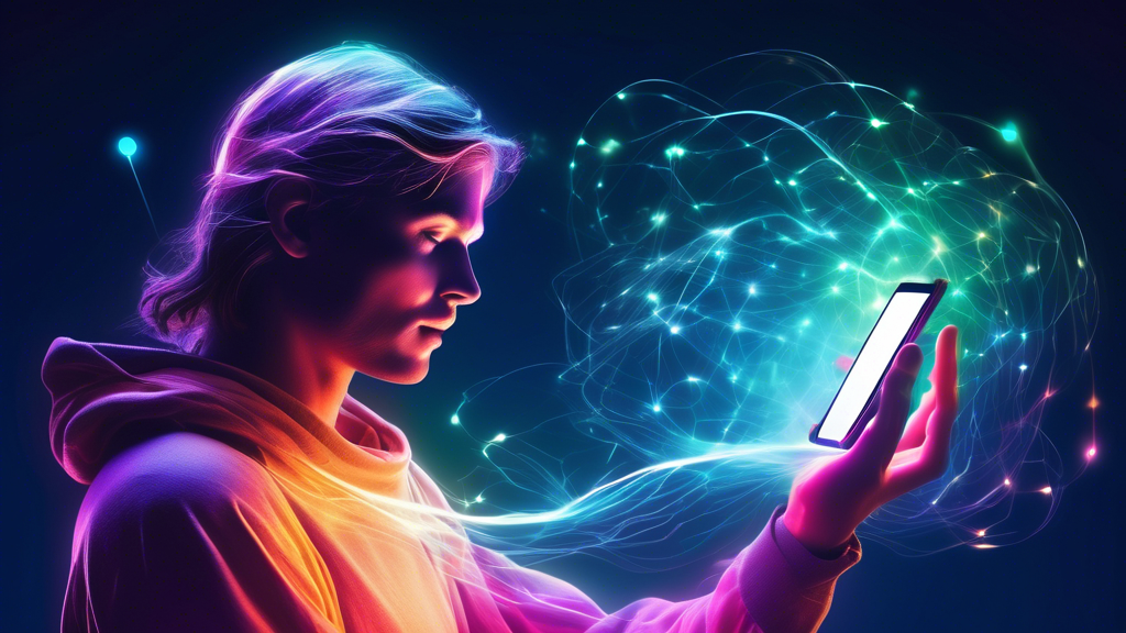Create an image depicting a glowing, ethereal link made of light, hovering in front of a user holding a smartphone or tablet. The background should be a blend of colorful, futuristic digital landscape
