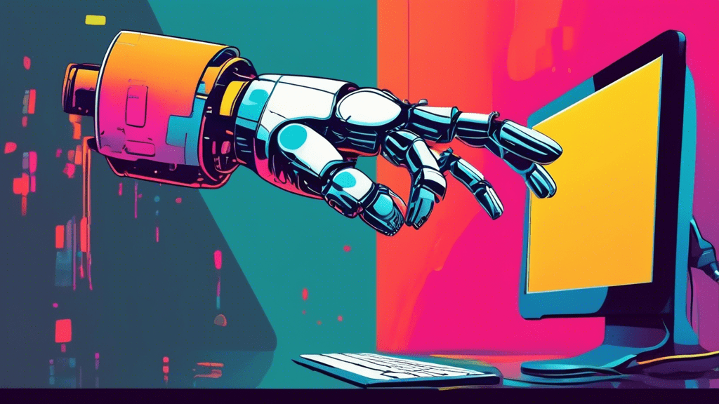 A robot hand reaching out from a computer screen holding a chat bubble.