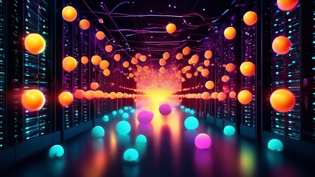 A swarm of glowing orbs, each with a single eye, floating in a vast server room filled with data streams