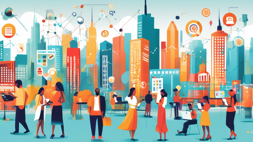 A dynamic cityscape featuring a diverse group of people using smartphones and laptops, adding reviews and photos to local business listings. The skyline includes recognizable local landmarks, with col