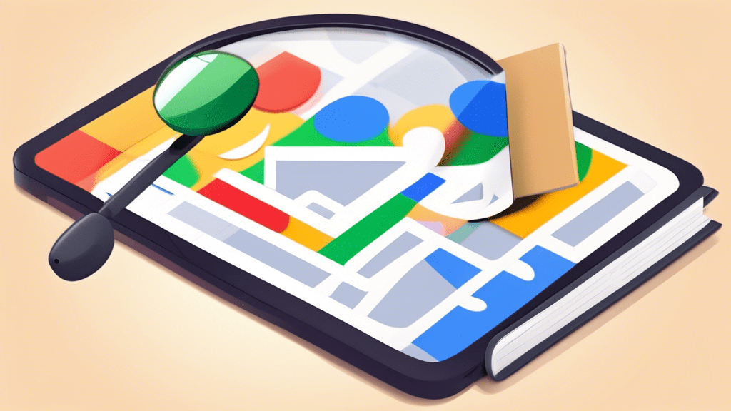 A checklist notepad with a magnifying glass searching a Google Maps location pin with a storefront, all on a digital interface with app icons.