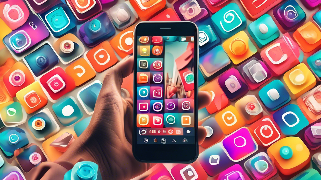 A smartphone with a customizable Instagram widget displaying colorful photos and interactive buttons.