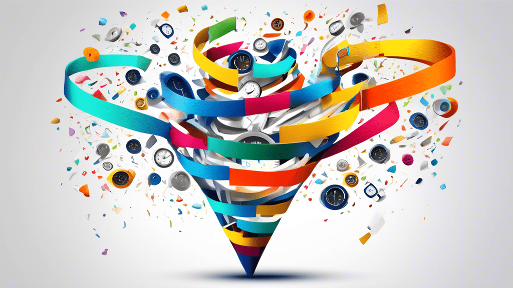 DALL-E Prompt:nA colorful and dynamic funnel with clocks, calendars, and task lists swirling around it, representing the concept of a deadline funnel for effectively managing and meeting deadlines.