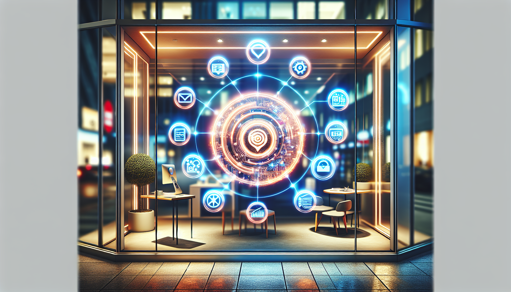 A storefront window with the Google My Business logo glowing brightly, overlayed with a checklist of essential steps.