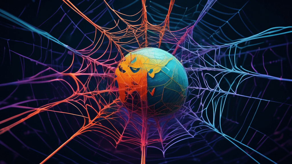 A spider spinning a web of interconnected nodes, spanning the entire earth, with data flowing through it.