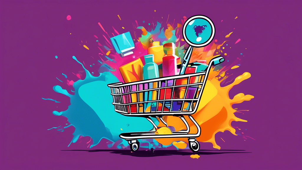 A shopping cart overflowing with colorful products exploding outwards, with a magnifying glass hovering over it revealing the words ThriveCart inside.