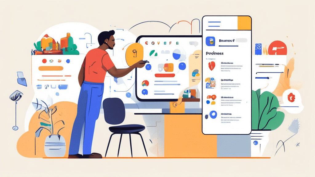 Create an illustration showing a business owner standing in front of a computer screen displaying a Google Business Profile setup page. The owner is thoughtfully selecting categories from a dropdown m