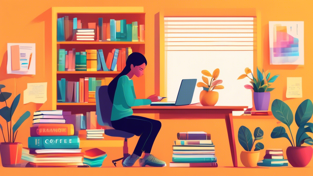 Create a detailed and colorful illustration of a person sitting at a desk, surrounded by grammar books, a laptop showing grammar correction software, a cup of coffee, and sticky notes with grammar tip