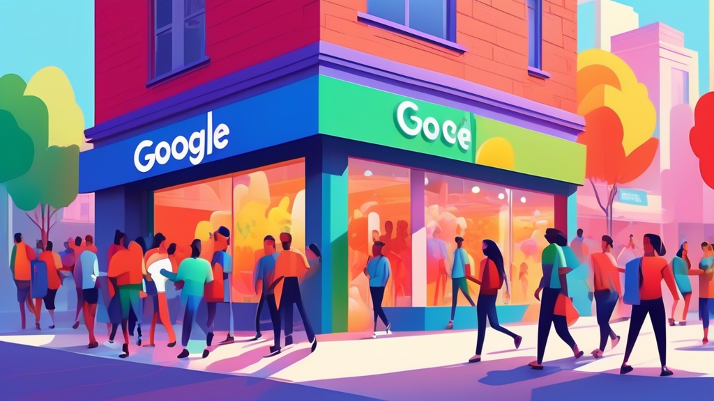 A vibrant storefront with an Open sign and a crowd of people walking towards it, with a large, colorful Google Ads logo floating above the store, casting a bright spotlight on the business, symbolizin