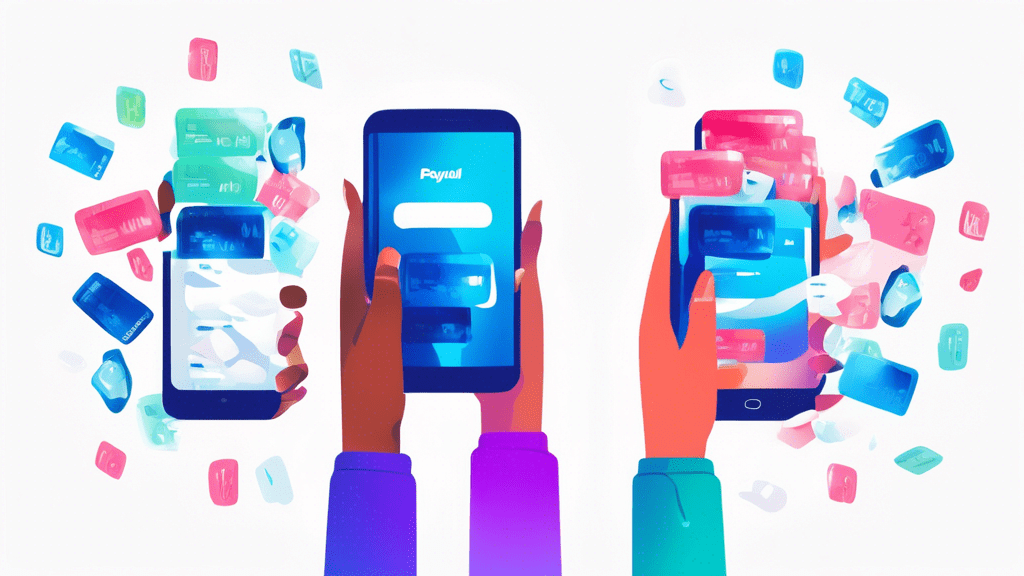 DALL-E Prompt: A digital illustration showing two smartphones side by side, each displaying a different PayPal account login screen, with a person's hands holding the phones against a white background