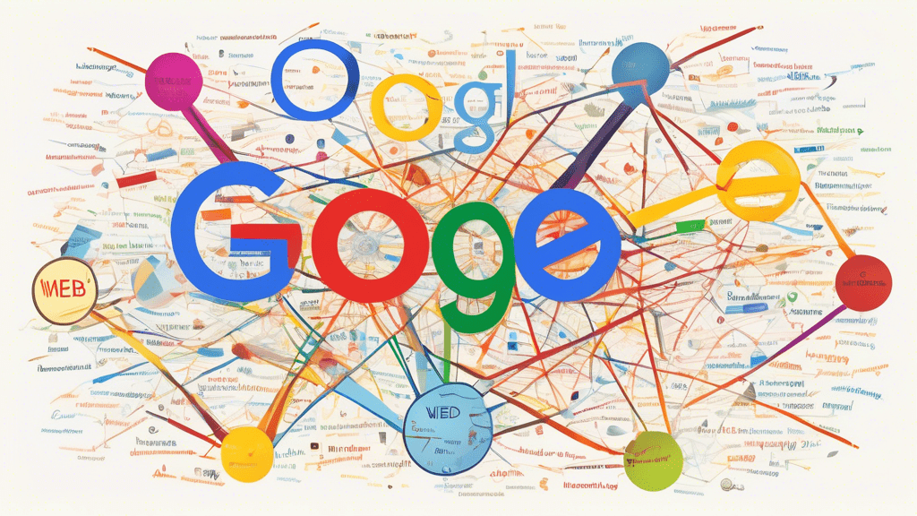 Prompt: A colorful digital illustration showing a web of interconnected words and phrases, with the Google logo at the center, representing the complex relationships and semantic meanings uncovered by