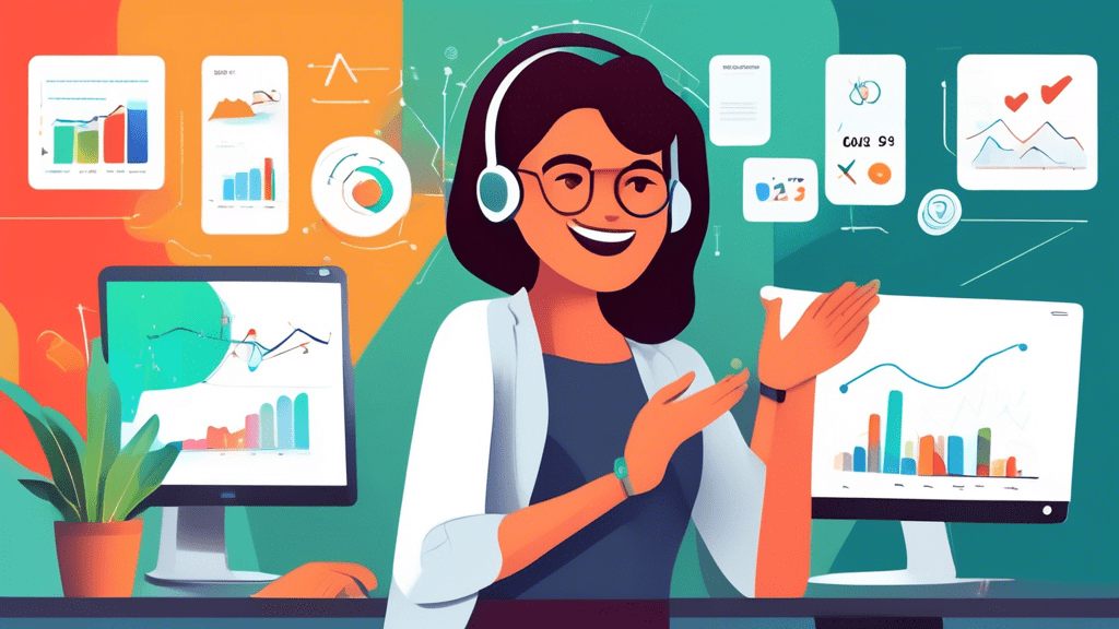 DALL-E Prompt: A smiling customer service representative offering a helping hand to a confused user, with a large Google Analytics logo hovering in the background surrounded by various graphs, charts,