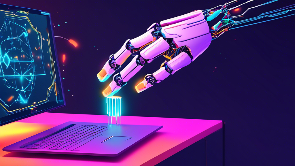 DALL-E Prompt:nA robotic hand emerging from a computer screen, holding a glowing envelope that symbolizes an automated email. The envelope is surrounded by a network of connected nodes and data points