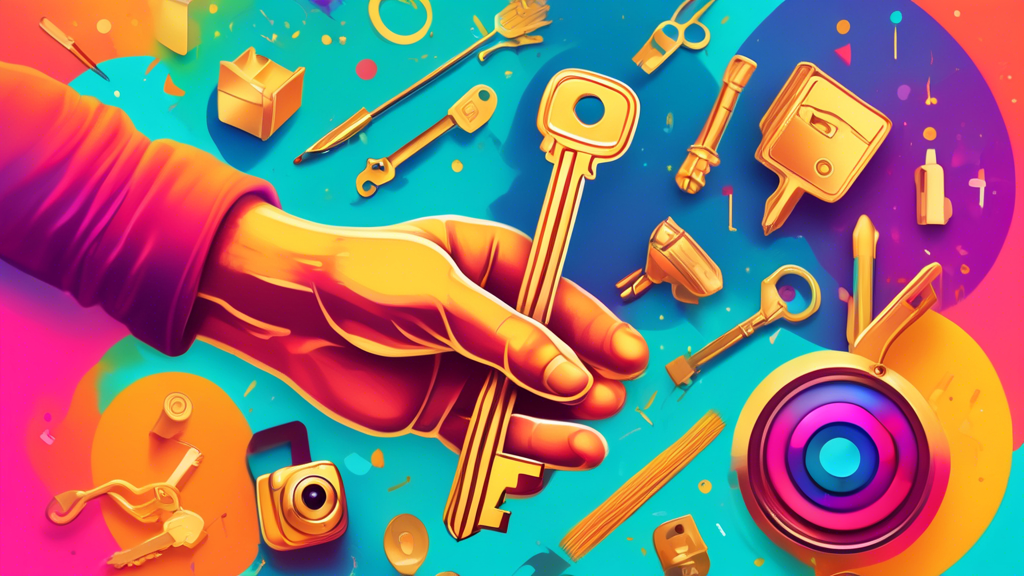 DALL-E Prompt: A hand holding a vibrant, glowing key, unlocking a stylized Instagram logo made of gold, with various creator tools and icons like a camera, paintbrush, and microphone emanating from th