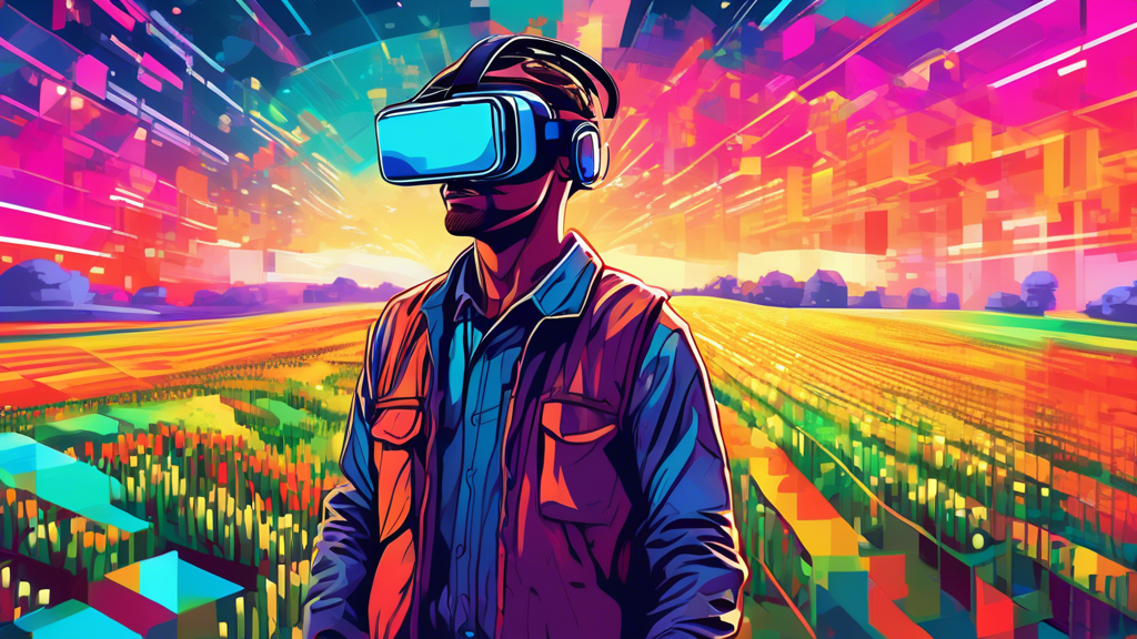 DALL-E Prompt:nnA futuristic farmer wearing a virtual reality headset, standing in a field of pixelated crops and digital livestock, with a vibrant sky filled with lines of code and data visualization