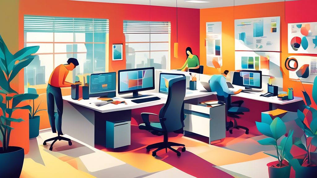 Create an image depicting a modern office environment with various affordable business tools and technologies. Include elements like budget-friendly software applications, sleek and affordable office