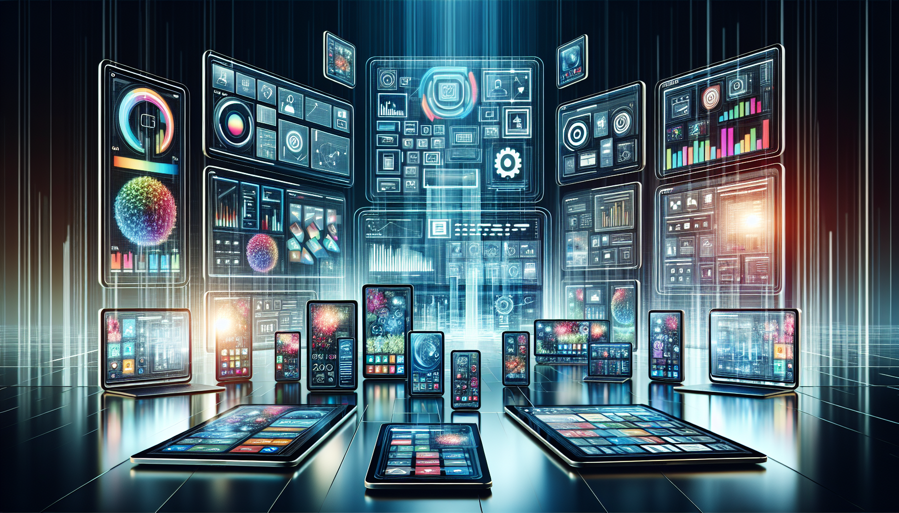 An illustrated digital collage of the top business strategy software providers, featuring modern, sleek user interfaces from each brand on an array of computer and mobile device screens, set in a futu