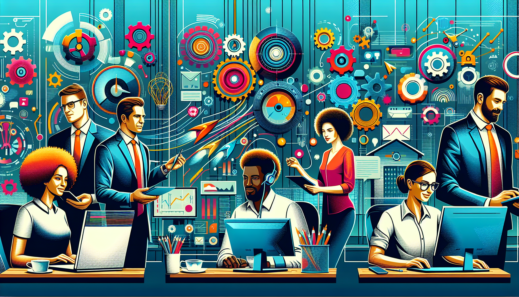 An artistic representation of diverse business professionals collaboratively using futuristic digital communication tools in a high-tech, smart office environment, enhanced with visual metaphors of ef