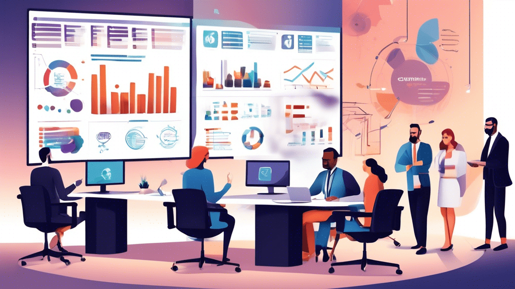 Create an image depicting a modern office setting where business professionals are collaborating. Some are gathered around a conference table with charts and laptops, discussing customer retention str