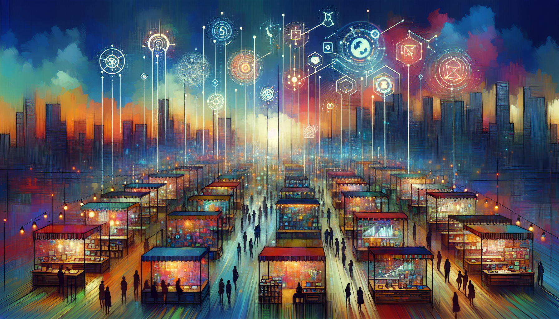 An artistic representation of a bustling digital market scene with various stalls prominently displaying logos of top Google visibility tool providers, each illuminated by beams of light in a high-tec
