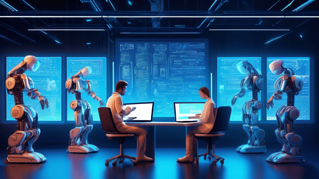 Create a detailed illustration of various AI-powered humanoid robots collaboratively writing code on multiple futuristic holographic screens. Each screen showcases lines of complex code with different