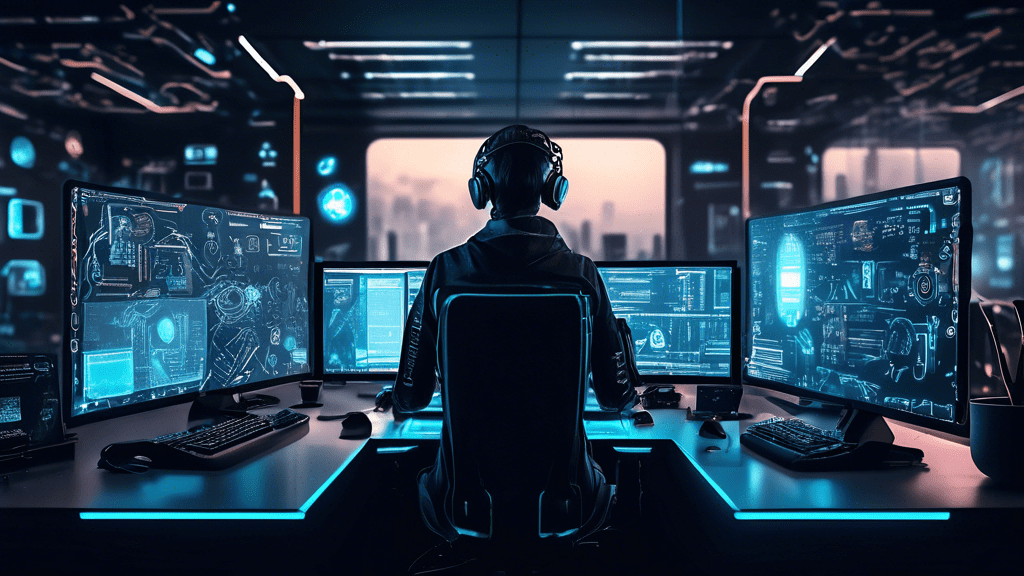 Create an image of a futuristic workspace with a high-tech desk covered in various gadgets and multiple computer screens displaying coding interfaces. On these screens, show logos or icons representin